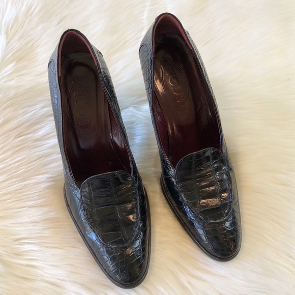 TOD’S Black Leather Croco Embossed Heels 40 - Picture 16 of 16